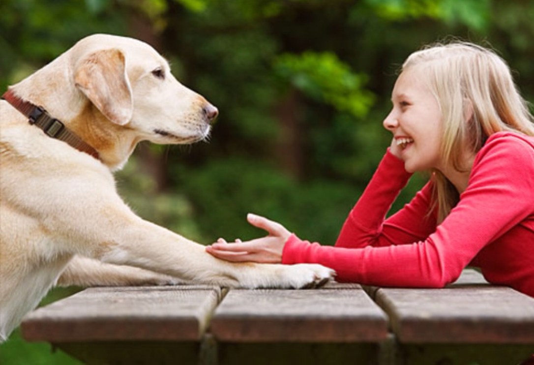 girl talking to her dog